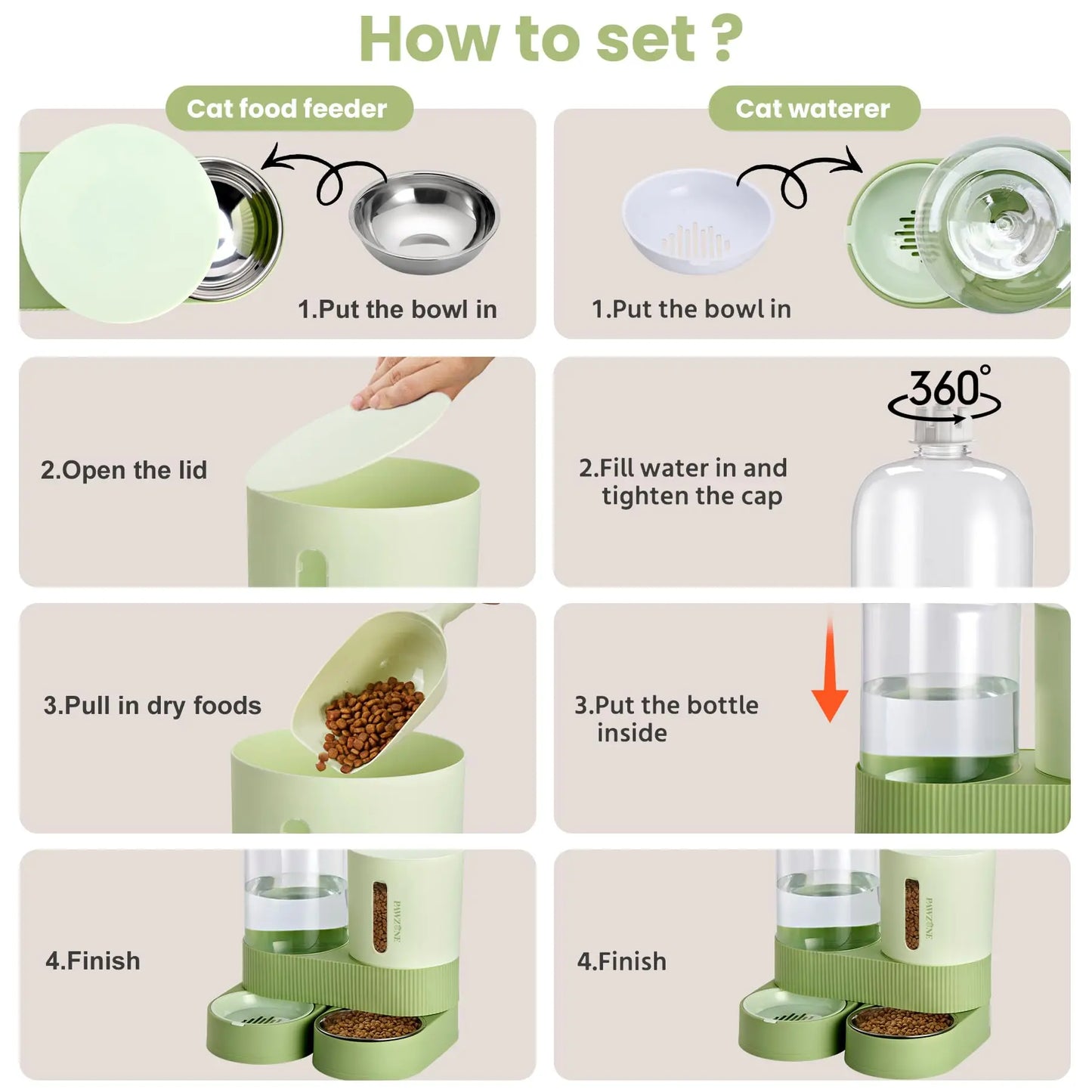 Kacoomi 2 Pack Gravity Pet Feeder and Water Dispenser Set for Cats and Small Dogs, Large Capacity with Stainless Steel Bowl
