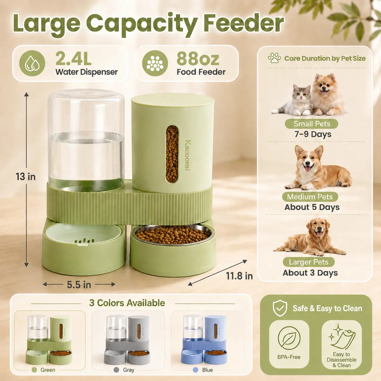 Kacoomi 2 Pack Gravity Pet Feeder and Water Dispenser Set for Cats and Small Dogs, Large Capacity with Stainless Steel Bowl