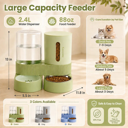 Kacoomi 2 Pack Gravity Pet Feeder and Water Dispenser Set for Cats and Small Dogs, Large Capacity with Stainless Steel Bowl
