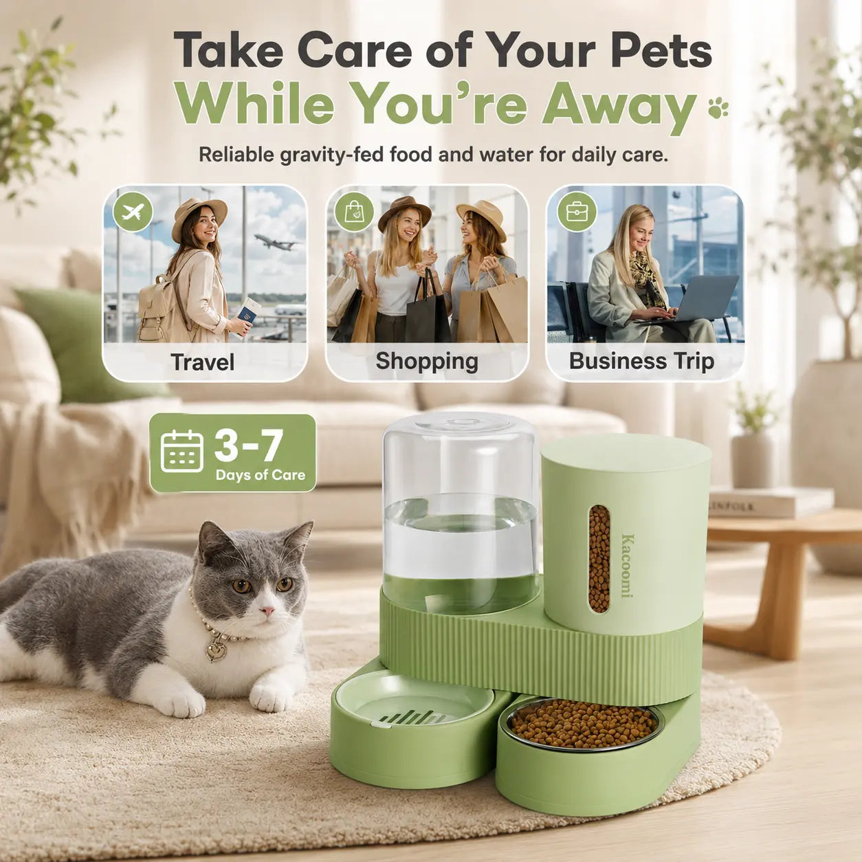 Kacoomi 2 Pack Gravity Pet Feeder and Water Dispenser Set for Cats and Small Dogs, Large Capacity with Stainless Steel Bowl