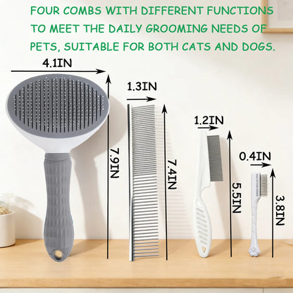 4PCS Pet Groomer Tools Shedding Grooming Kit - Self-Cleaning Slicker Brush, Dual-Sided Stainless Steel Dematting Comb, Tear Stain Comb, Fur Removal Tool for Long/Short Hair Dogs & Cats - Fur-Free Home Supplies