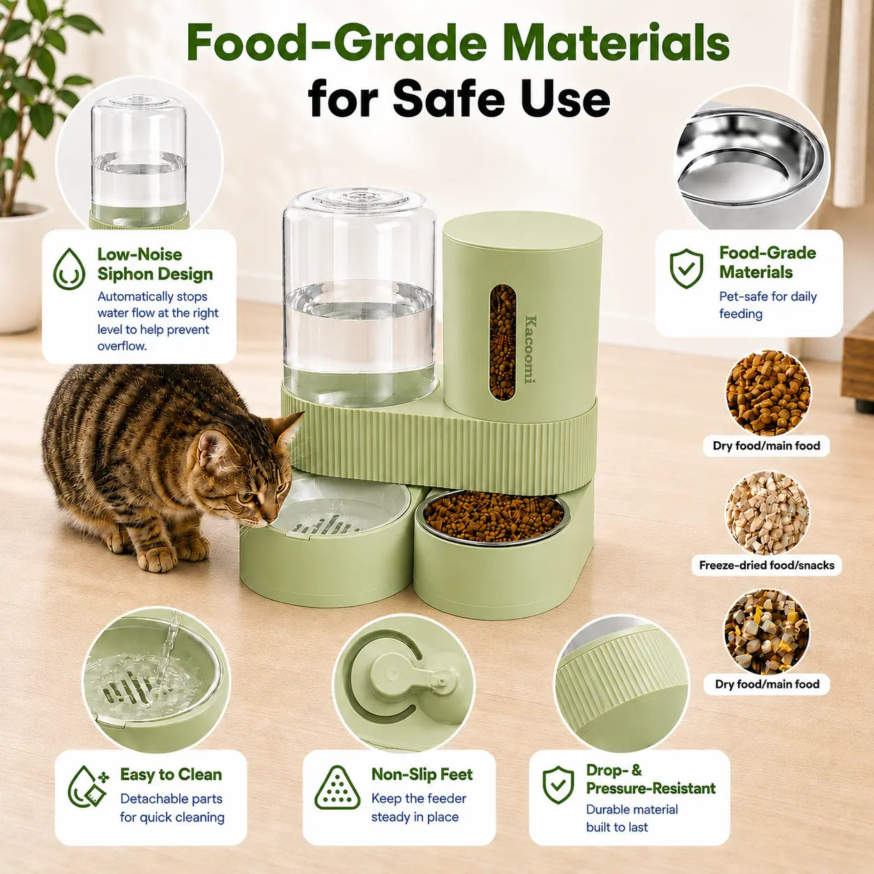 Kacoomi 2 Pack Gravity Pet Feeder and Water Dispenser Set for Cats and Small Dogs, Large Capacity with Stainless Steel Bowl