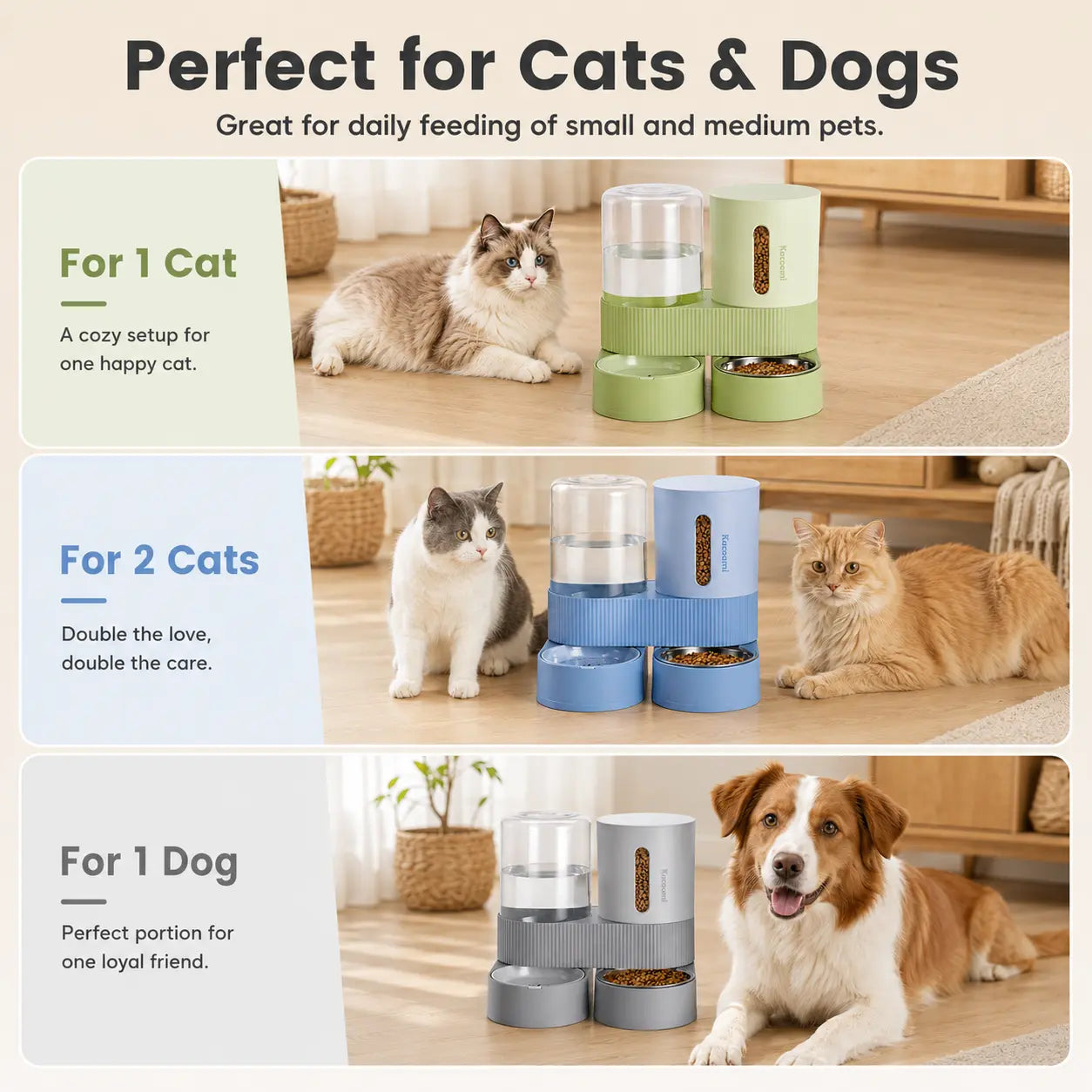 Kacoomi 2 Pack Gravity Pet Feeder and Water Dispenser Set for Cats and Small Dogs, Large Capacity with Stainless Steel Bowl