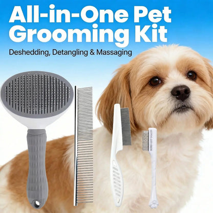 4PCS Pet Groomer Tools Shedding Grooming Kit - Self-Cleaning Slicker Brush, Dual-Sided Stainless Steel Dematting Comb, Tear Stain Comb, Fur Removal Tool for Long/Short Hair Dogs & Cats - Fur-Free Home Supplies